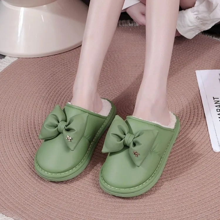 

Лидер продаж, домашняя хлопковая обувь с бантом, зимние плюшевые теплые Повседневные тапочки, женская обувь с круглым носком на мягкой подошве, большие размеры