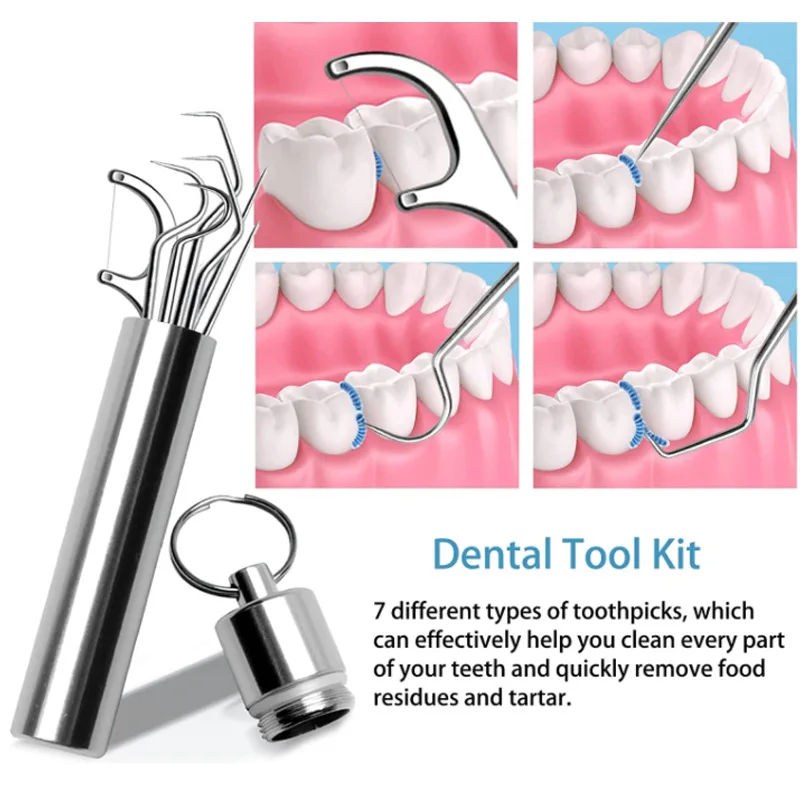 Toothpick Set 7Pcs Stainless Steel Portable Toothpicking Tool Cleaning Oral Care Floss Needle Dental Needle
