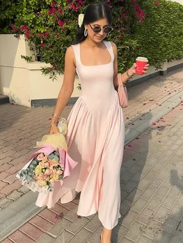 Solid Color Slim Camisole Dress Woman Pleated Square Neck Sleeveless A-Line Long Dresses Elegant Women's Casual Street New Robe 1