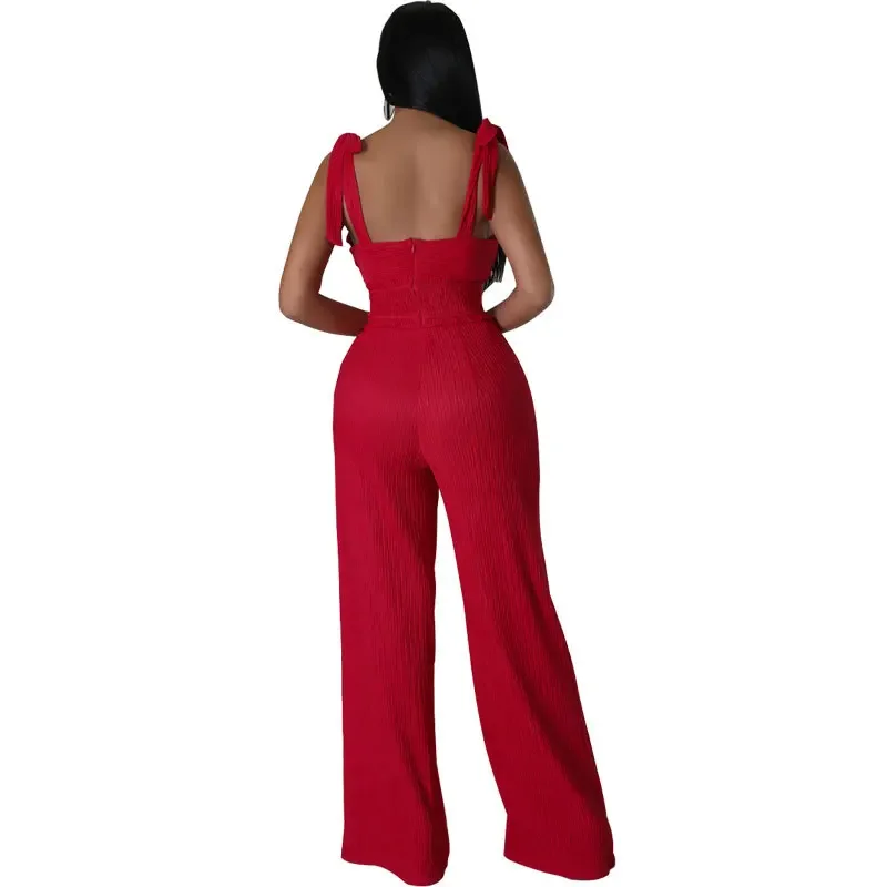 Donna Un Pezzo Tuta Halter Collo Increspato Senza Maniche Top Gamba Larga Pantaloni Set Pagliaccetto Vestito Tute, Verde, S