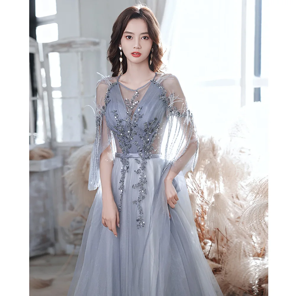 

Women Blue Evening Dress Birthday Party Luxury Diamond Pendant Beading Tulle Long Dresses Slim Formal Banquet Gown Quinceanera