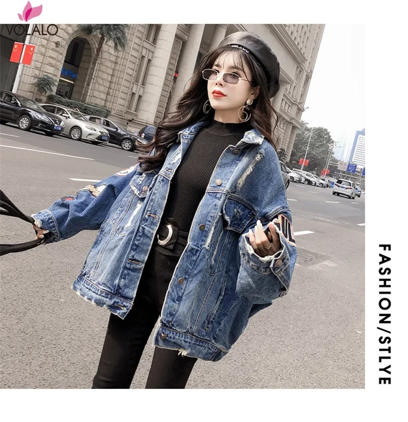 

2024 BF Harajuk Big Loose Denim Jacket Women Embroidery Jeans Coat Hip Hop Hole Single Breasted Jeans Jacket Casual Women Jacket