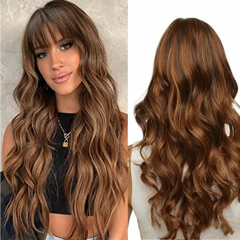 

Brown Long Curly Wigs with Bangs 26inch Natural Synthetic Water Wave Wigs High Temperature Fiber Hair Wig for Women Daily Used
