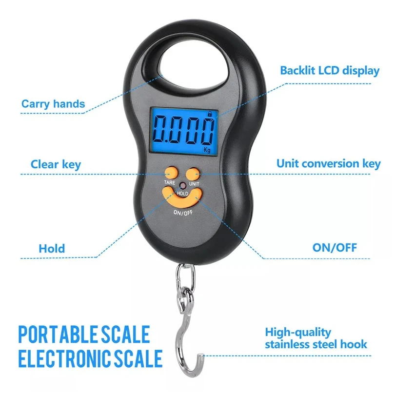 Portable 50Kg Electronic Scale High-precision Spring Scale LCD Digital Hanging BackLight Fishing Weights 0.01kg Error