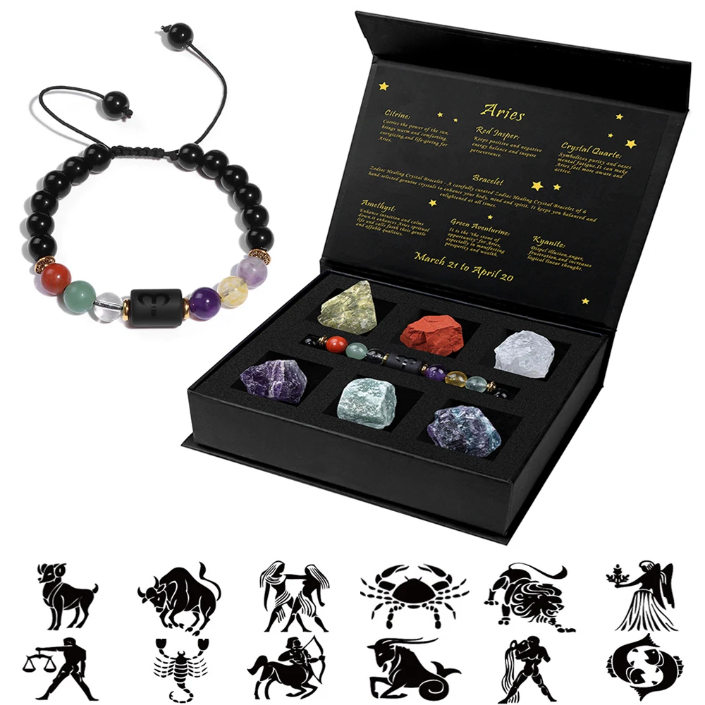 Pulsera trenzada con signo de constelación para hombre y mujer, brazalete con piedra Natural en bruto, amuleto del zodiaco de Aries, acuario, caja de regalo, 12 unidades