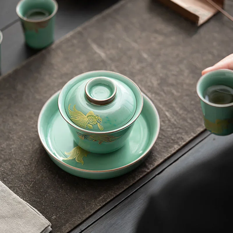 Lucky Celadon Vintage Lotus Butterfly Tureen Gaiwan Small Size Tea Brewing Bowl with Kettle Support Celadon Hand Drawn Goldfish