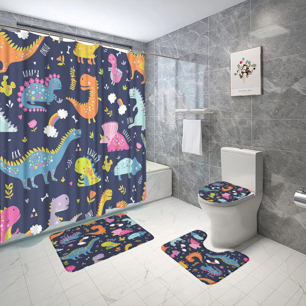 

Dinosaur Bath Curtain Cartoon Animal Kid Bathroom Accessories Set Blue Curtains Anti Slip Bath Mat Toilet Cover Machine Washable