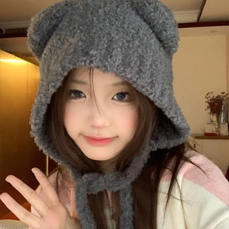 

2024 Cute Bear Ear Wool Hat Winter Beanies Warm Lace-up Ear Protection Knitted Bomber Cap Bonnets Knitting Korea Women Warm 모자