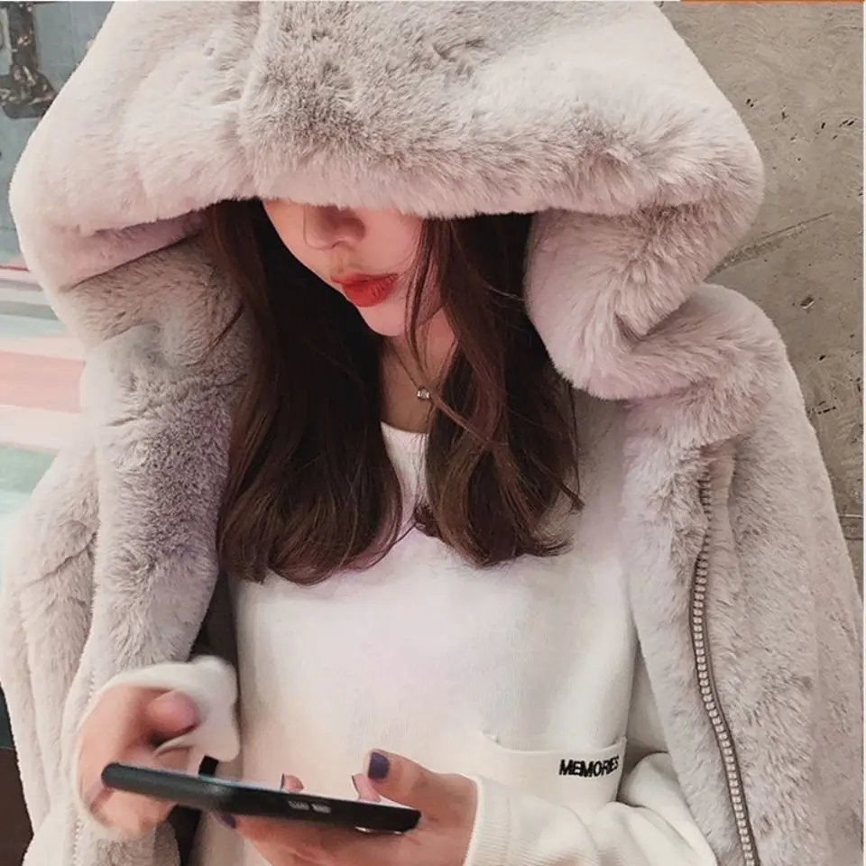 

2023 new faux fur coat women winter plush jacket korean style imitation mink fur jackets with hoody thickened shaggy coats