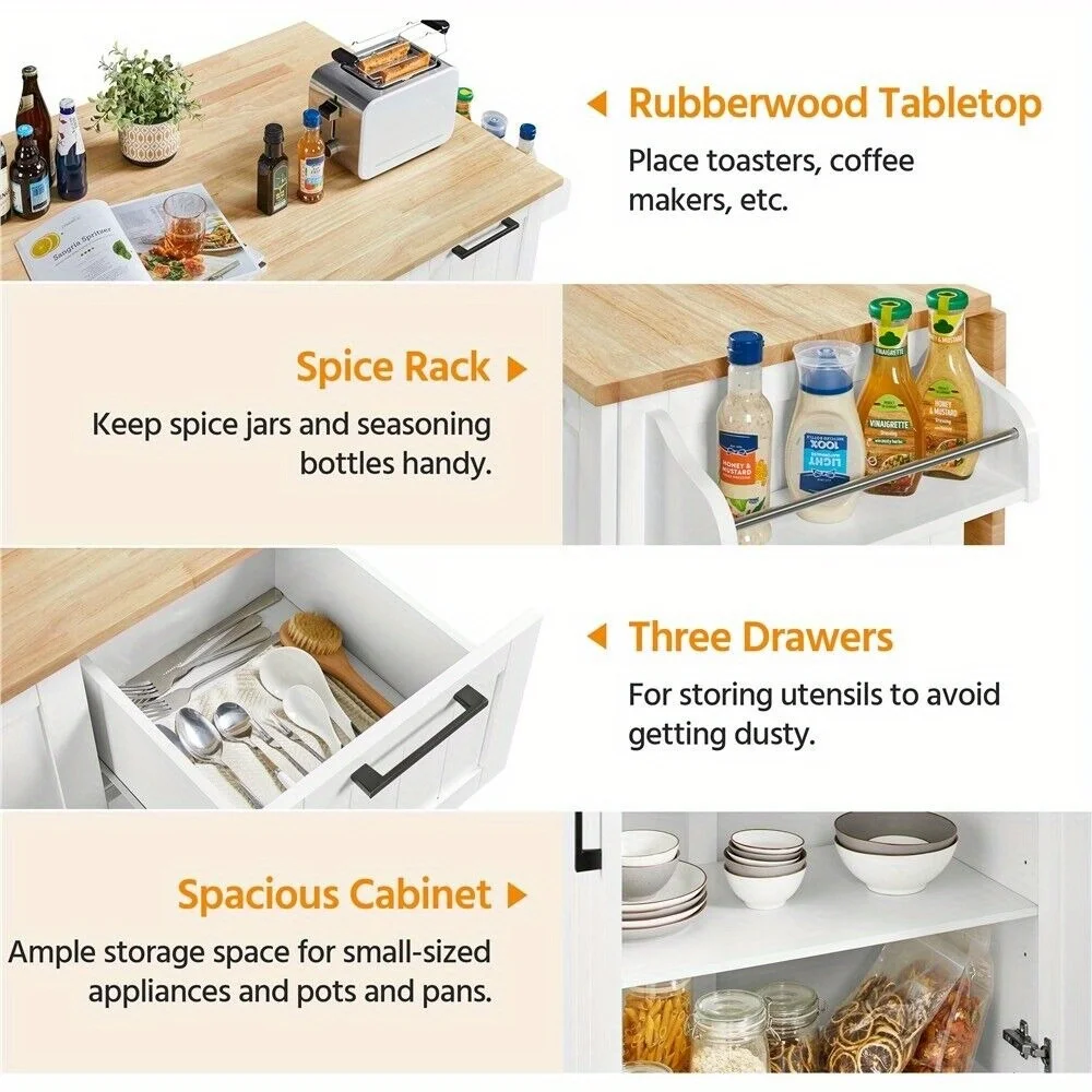 Rolling kitchen with deciduous top, kitchen cart with 3 drawers and cupboards