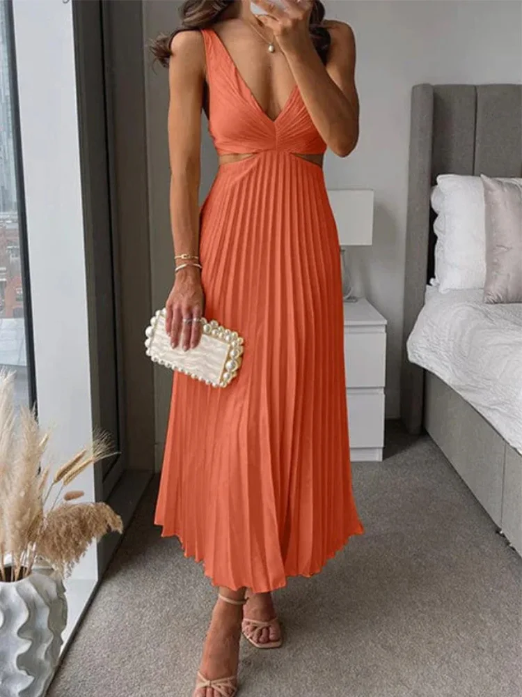 Elegant Long Summer V-neck Sleeveless Hollow Out Backless Sexy Dress . S-xxL picture