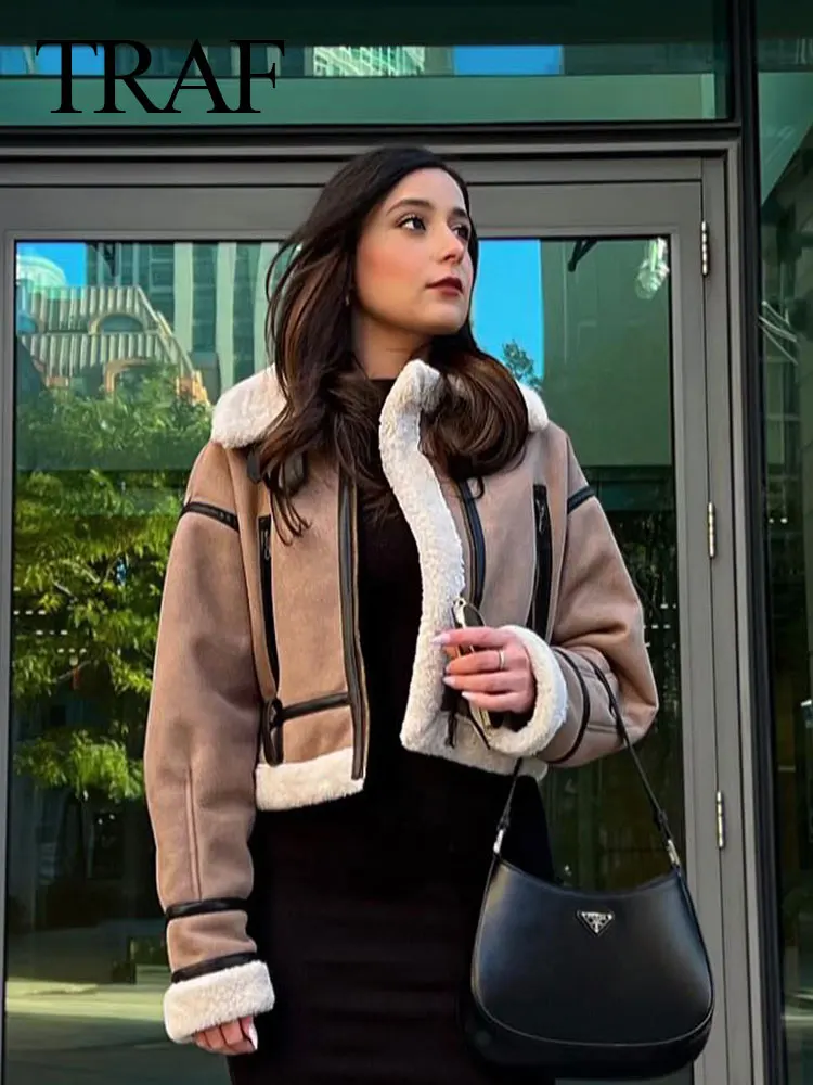 

TRAF 2023 Winter Women Fashion Jacket Plus Velvet Khaki Lapel Loose Short Coat Woman Keep Warm Outerwear Female Jackets