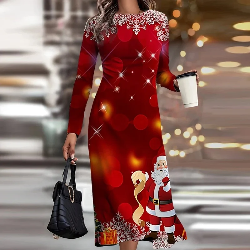 

Повседневное прямое платье с круглым вырезом и длинным рукавом, элегантное женское приталенное платье макси с высокой талией, новое зимнее рождественское праздничное платье с 3D принтом