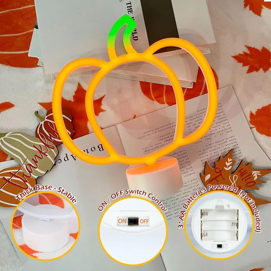 2 Pieces Pumpkin Neon Sign with Base for Fall and Halloween Decor Battery Operated LED Lights for Autumn Table Centerpiece Cute