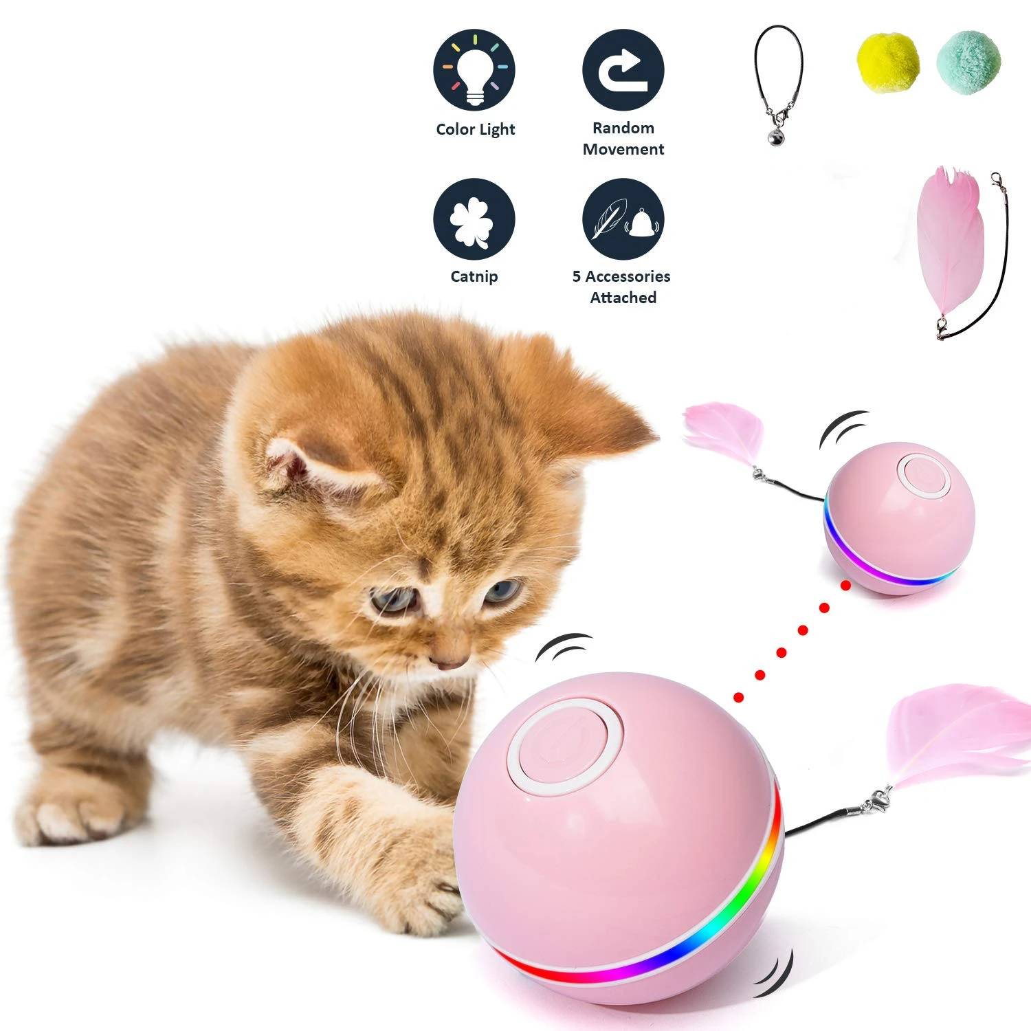 Automatic Smart Cat Toys Ball Interactive Catnip USB Rechargeable Self Rotating Colorful Led Feather Bells Toys for Cats Kitten