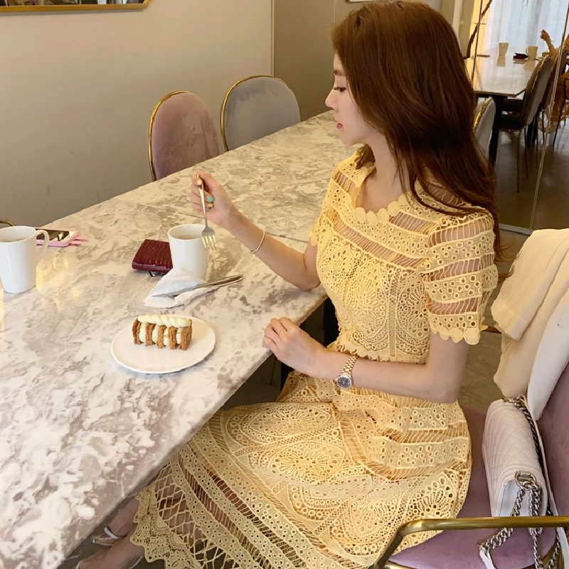 

Korean Style Lace Dress Temperament Collar Waist Hollow Long Skirt Holiday Women Fairy Victorian Party Dress Ladies Summer 2022