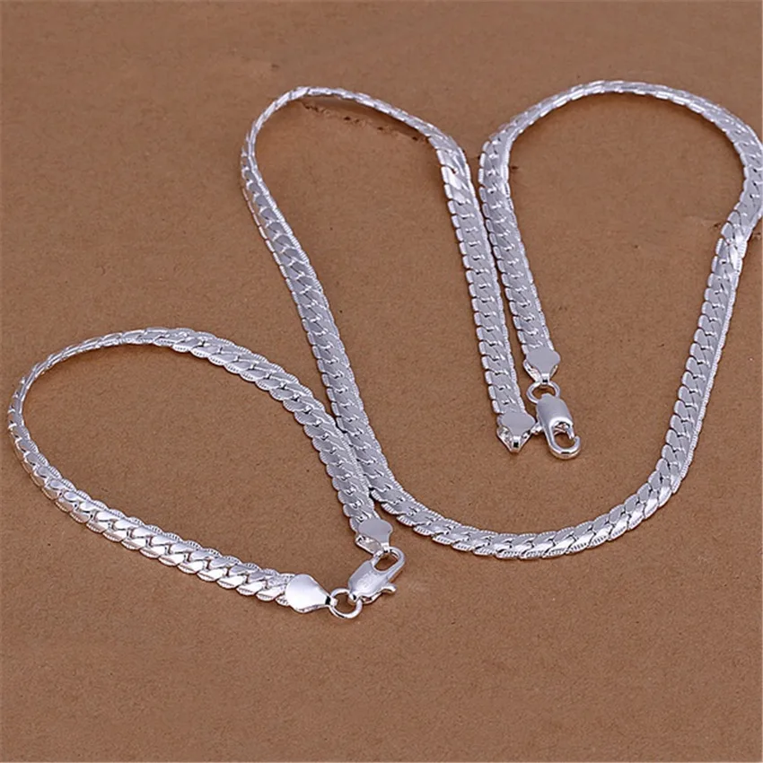 Silver Jewelry Set Jewelry Set Silver Jewelry 925 Sterling Silver 8/16/18/20/22/24 Inch 5mm Side Chain Necklace Bracelet for Woman Men Fashion Charm Wedding Jewelry
