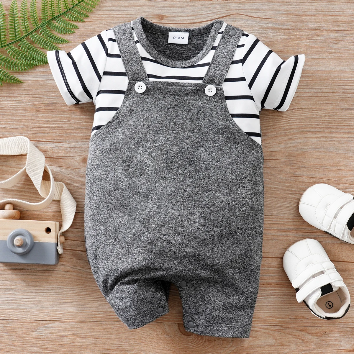 IURNXB Baby Romper Summer Newborn Stripe Short Sleeve Onesie with Suspender Adorable Comfortable Outfit Infant Bodysuit 0-18M 1
