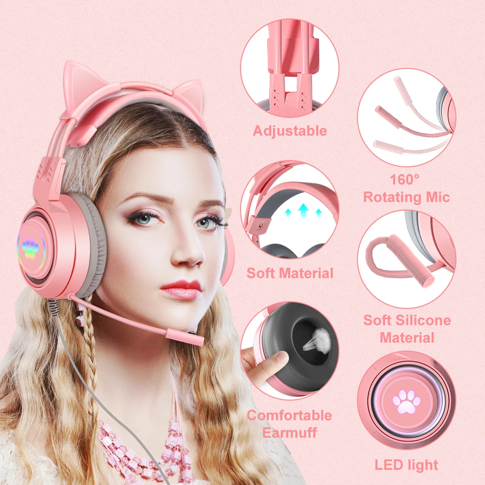 Pink Girls Cat Headphones with Mic for Laptop RGB LED Noise