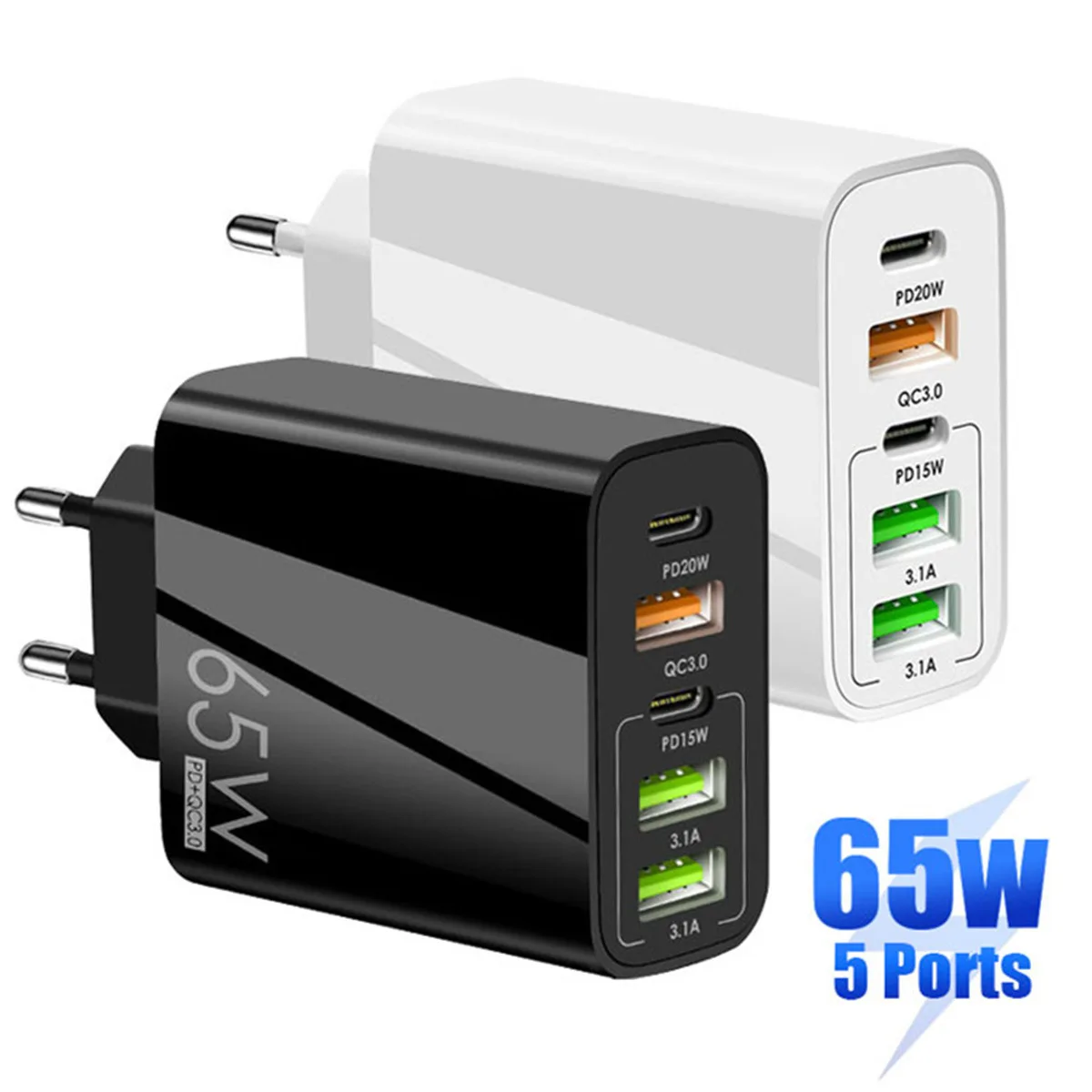 

65W USB C Quick Charger QC3.0 Fast 5 Ports PD Type C Charging for Iphone 14 13 12 Xiaomi Samsung S20 Huawei Realme Power Adapter