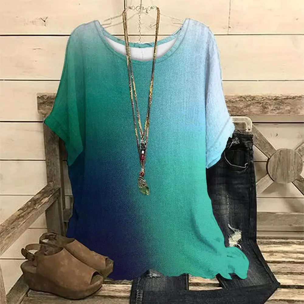 Gradient Retro Style T-Shirts For Women Short Sleeve Tees Casual Style Summer Round Neck Fashion Pullover Female Top Loose S-3xl