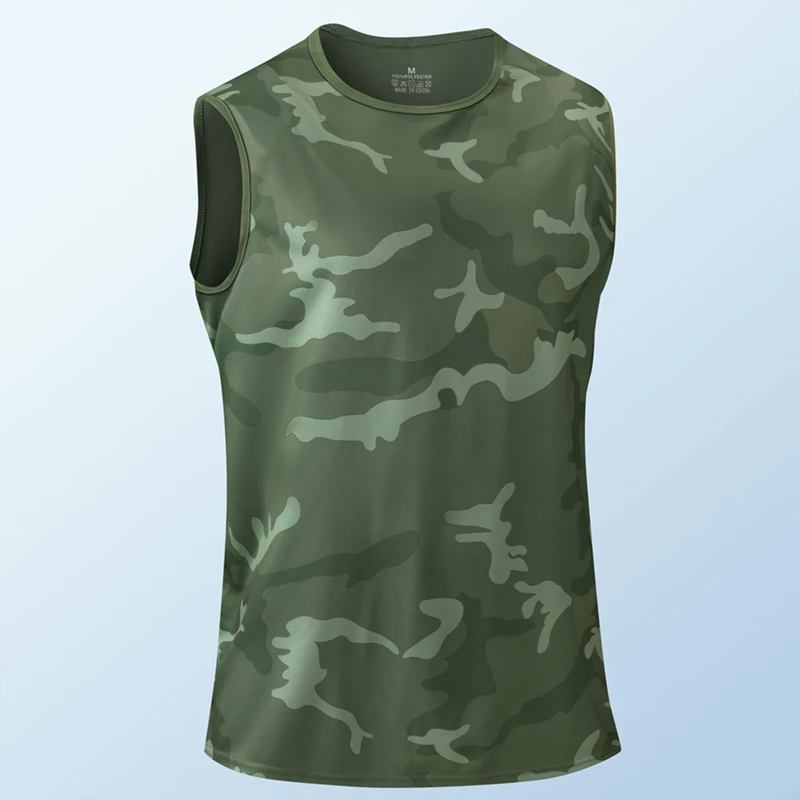 Canotta mimetica da uomo senza maniche girocollo in seta ghiaccio, gilet sportivo da uomo per tutti i giorni, fitness, moda, traspirante, t-shirt a maniche corte - immagine 4