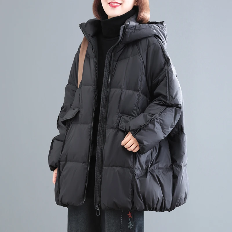 

146cm Bust / Autumn Winter Women Loose Plus Size Oversized Hooded Brief Comfortable Warm 90% White Duck Down Coats Overcoats