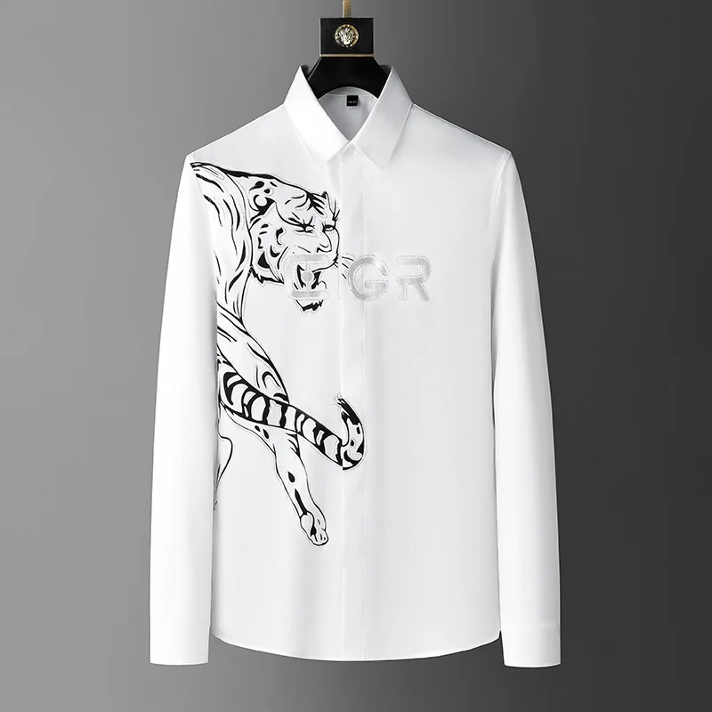 

Men New Shirt European Light Luxury Business Leisure Fashion Animal Print Single Breasted Micro Elastic Comfortable Top