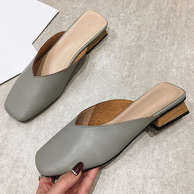 

2022 Soft Leather Block Mid Heel Slip on Slides Sandals Women Mules Shoes Fashion Casual Summer Backless Female Mules Slippers
