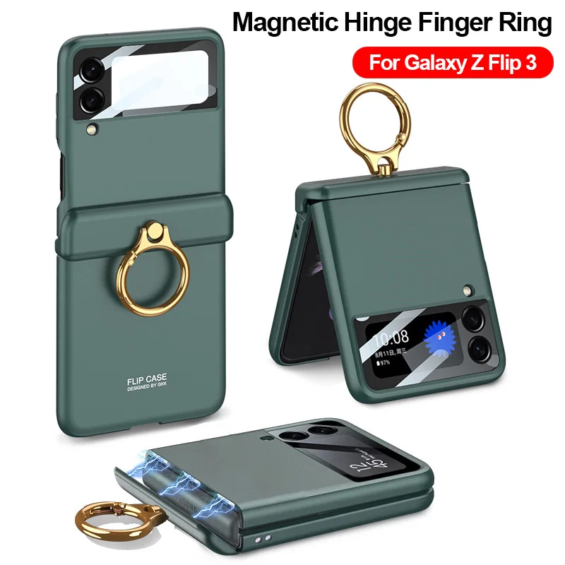 

Чехол-книжка с 3 магнитными петлями для Samsung Galaxy Z Flip 3, флип-чехол с кольцом для пальца, объективом камеры, чехол для телефона из закаленного стекла