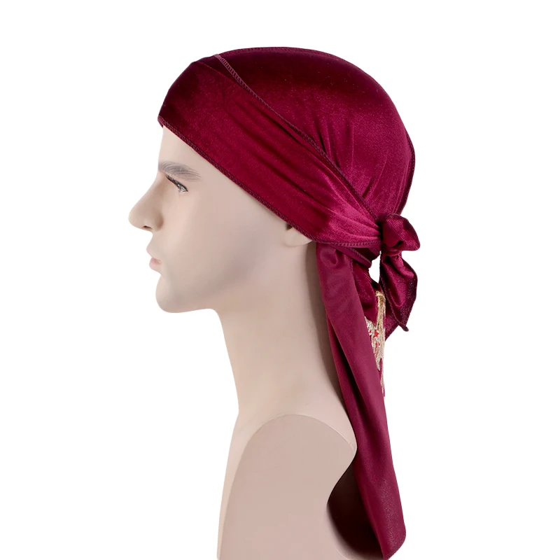 Unisex chinesischen Drachen Thermo print Flusen Durag Turban Long-Tail Bandage Kopftuch China Stil solide Mütze Frauen Mann Wickel Kopf Hut – Detail 6