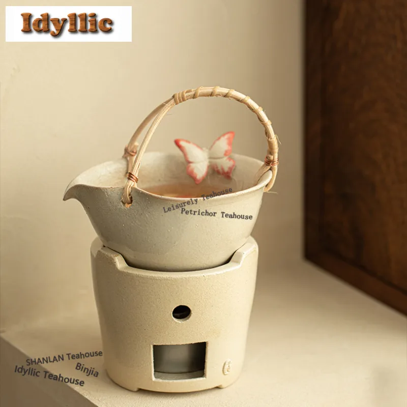 Plain Pottery Butterfly Rattan Woven Handle Tea Warmer Holder Alcohol ...