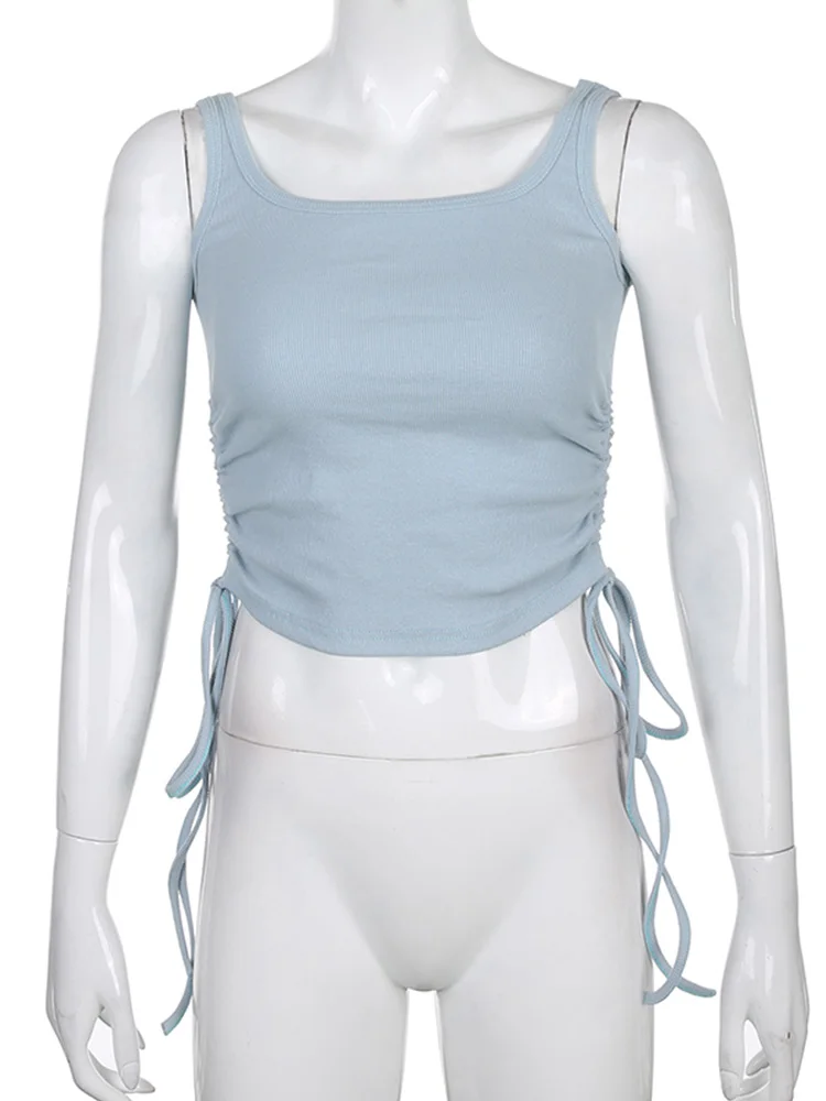 Geraffte ärmellose Tanktops T-Shirts Frauen solide lässige Mode Ernte Top Damen High Street binden Croptop Sommer Fitness — изображение 5