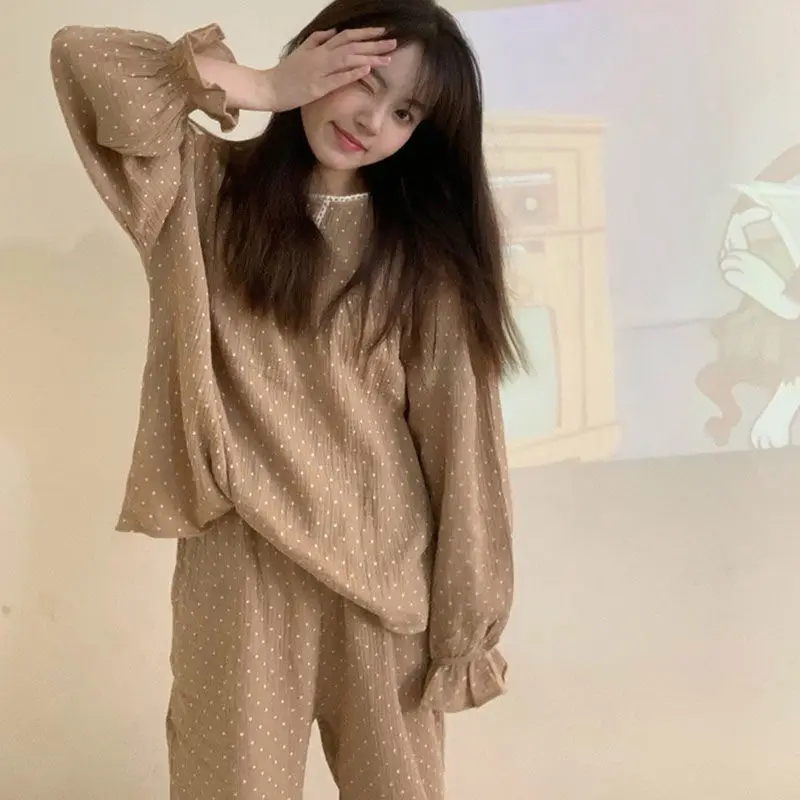 Pajama Sets Women Simple Retro Polka Dot Autumn Loose Sleepwear Korean Students Ins Long Sleeve Cozy Home Clothing Two Pieces