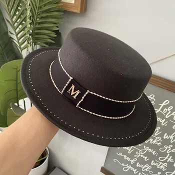 Autumn and winter top hat woolen pearl flat top hat fashionable street photography hat French Hepburn felt hat