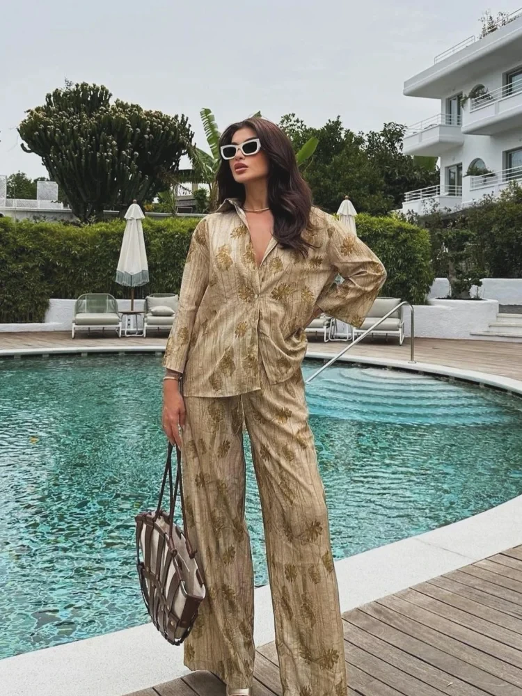 HH Casual Jacquard Shirt Pants Suit Women Lapel Half Sleeve Button Shirts Wide Leg Pant Suits Female Summer Streetwear Set