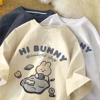 Summer Japanese Cute Tea-drinking Rabbit Printed Short-sleeved T-shirt for Ladies and Boys Same Loose Casual Large-size Top 1