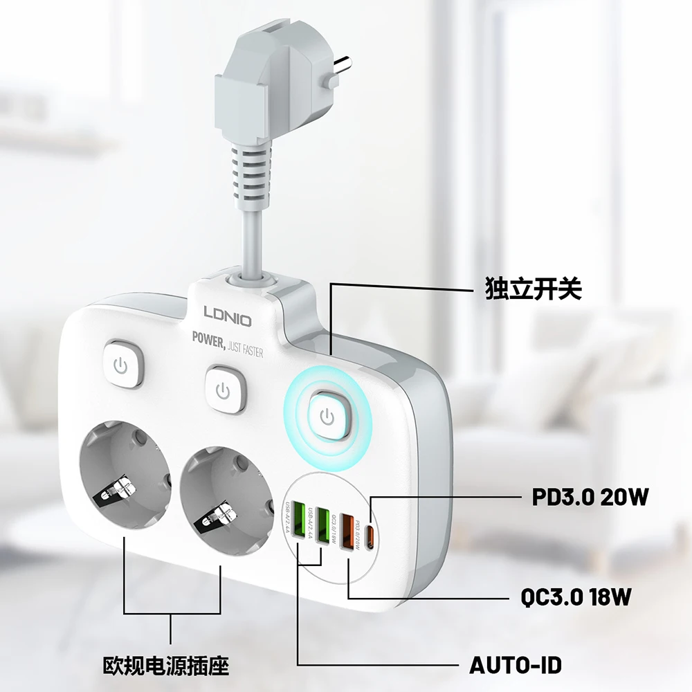 Power strip plug adapter electrical socket power socket power plug adapter LDNIO power strip adapter for Europlug 4 USB output electrical socket with extension cable surge protector home plug adapter