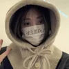2024 Winter Balaclava Hats For Women Unisex Knitted Hooded beanie Solid Color Slouchy Scarf One-Piece Outdoor Ear Protection Cap 5
