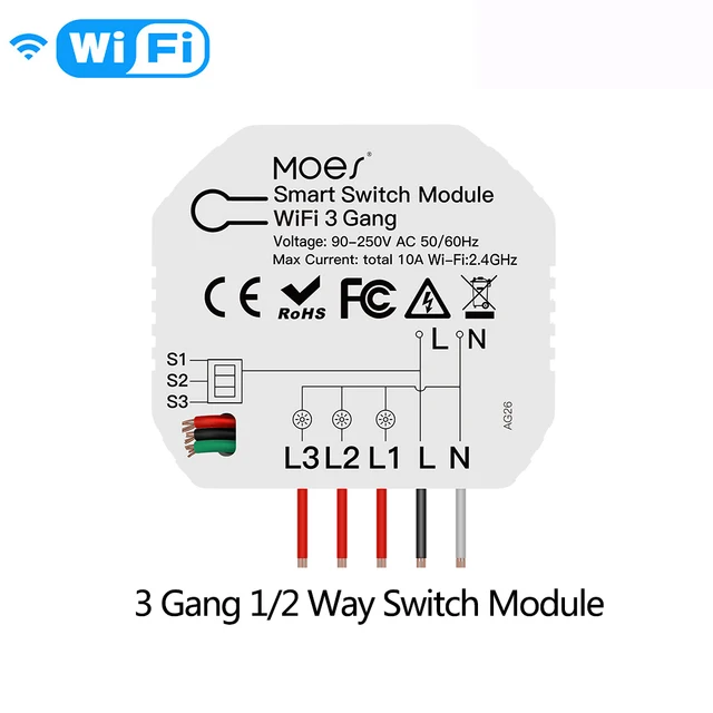 MOES WiFi Smart Light Dimmer Module / Switch Module Smart Life Tuya Remote Control Work with Alexa Google Home 1/2 Way 1/2 Gang 3 Gang Switch