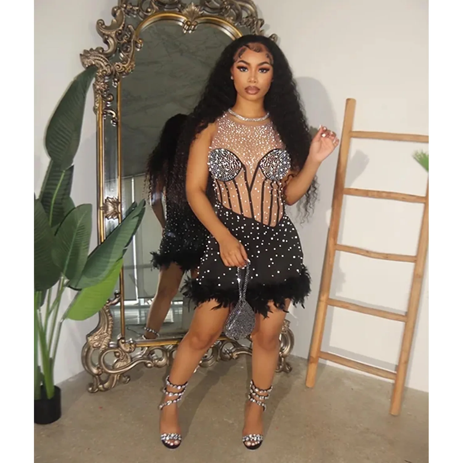 Beading Rhinestone Feather Jumpsuit Women One Piece Outfit 2023 Summer Fashion Sexy Club Pants Female Elegant Luxury Playsuits