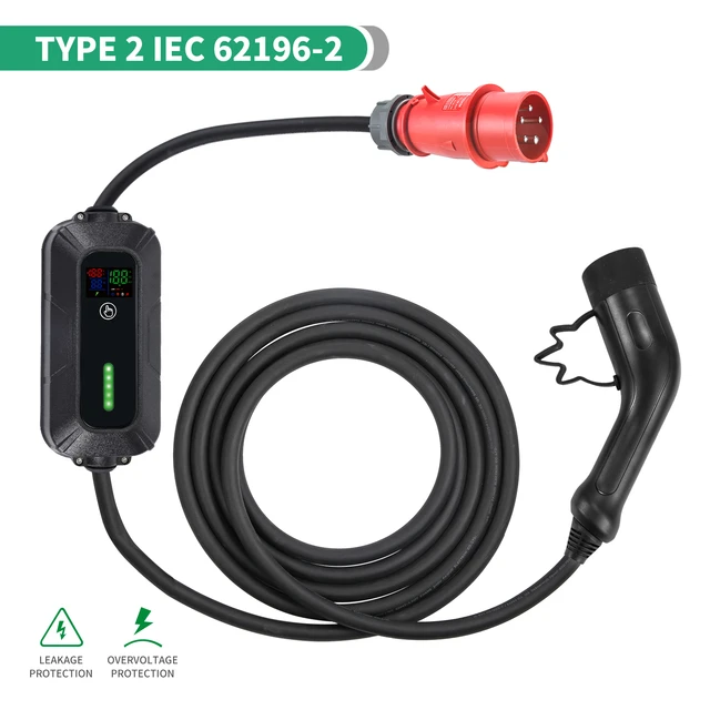 Chargeur portable pour voiture électrique Type 1 vers Type 2 - 10mètres -  10A à 16A - 2,3kw à 3,7kw