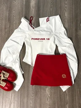 Autumn Y2k Elegant 3 Piece Set Woman Spicy Girls Plaid Bra + White Print Long Sleeve Tops + Red Chic Mini Skirt Korean Fashion 1
