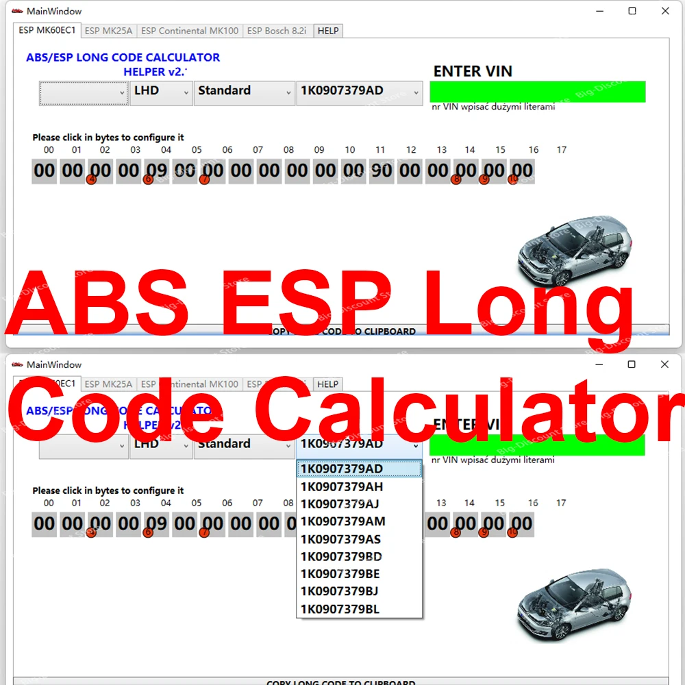 

Калькулятор длинного кода ABS ESP для блоков Bosch ESP, изменение к адаптациям и кодам VAG VCDS, номера VIN, более 28 автомобилей