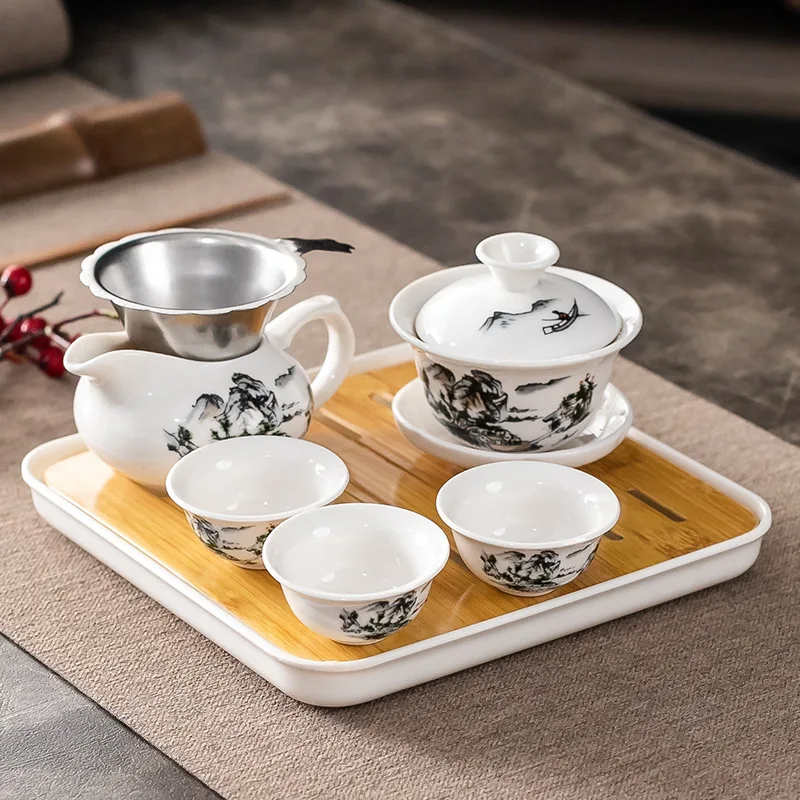 Household Kung Fu Tea Set 1 Cover Bowl 3 Cups with Dry Tray Tea Making and Reception Ceramic Cup Set