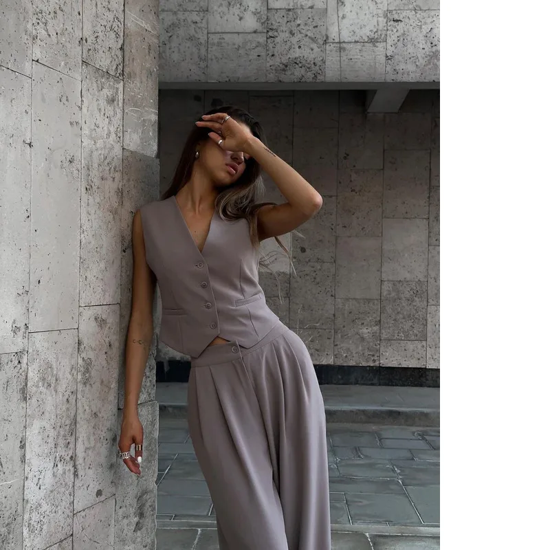 New Autumn Women's Solid  Color V-neck Sleeveless Vest Top Hanging Wide Leg Trousers Commuter Casual Ladies Two-piece Suit