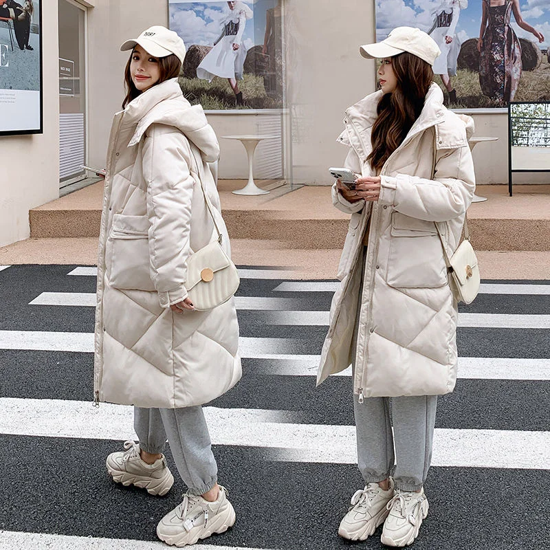 2023 New Women Down Cotton Coat Winter Jacket Female Warm Mid Length Version Parkas Thick Loose Outwear Hooded Overcoat