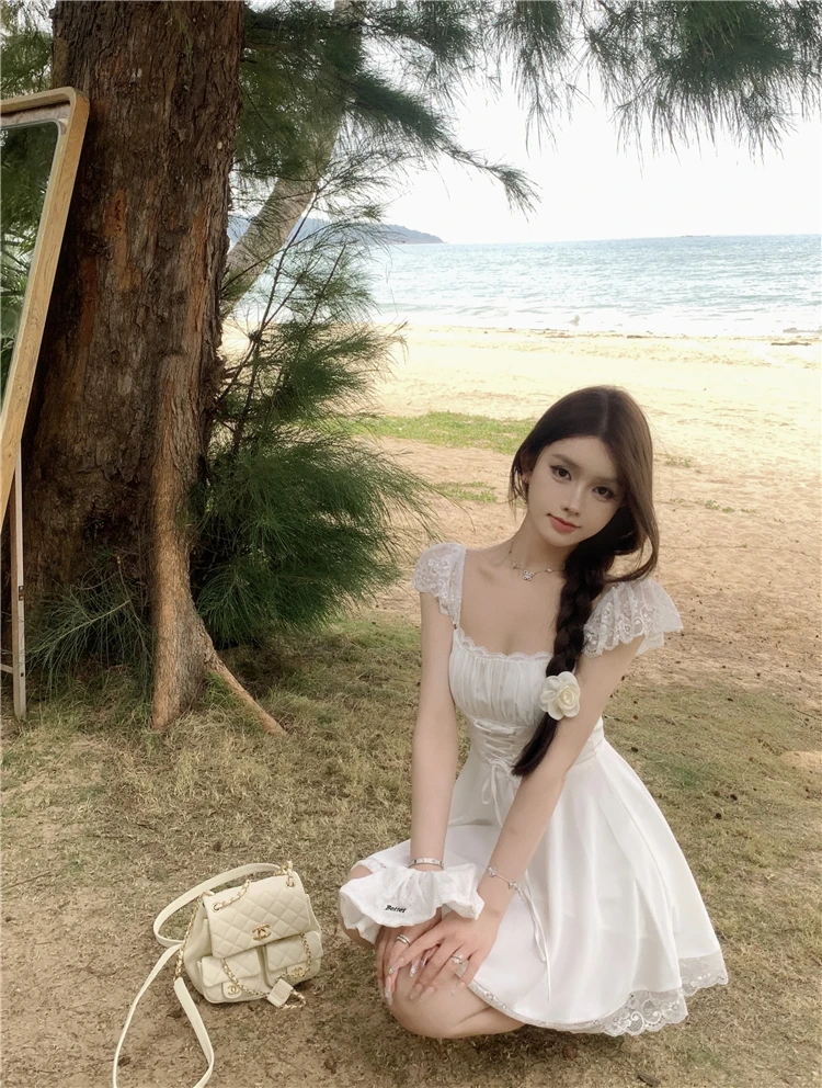 Y2K Lace Princess Party Dress Sexy Spaghetti Strap Square Collar Ruffles A-line Short Dresses for Women Prom Summer Mini Vestido