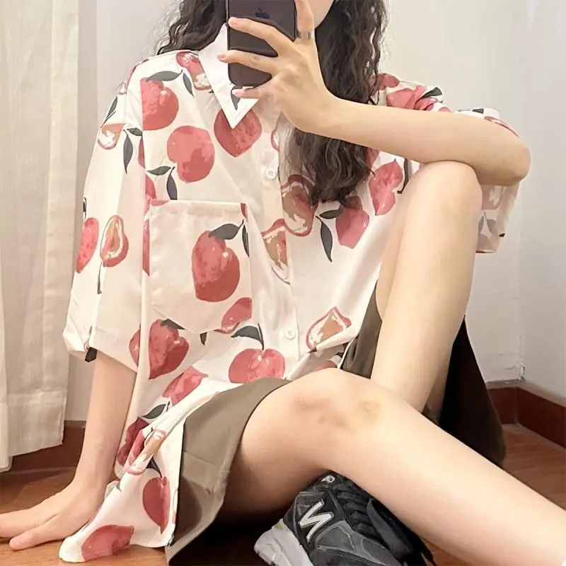 

Women's Clothing 2023 Summer Casual Short Sleeve Shirts Peach Printed Hawaiian Shirt Lightweight Breathe Beach Wear Blouses Tops