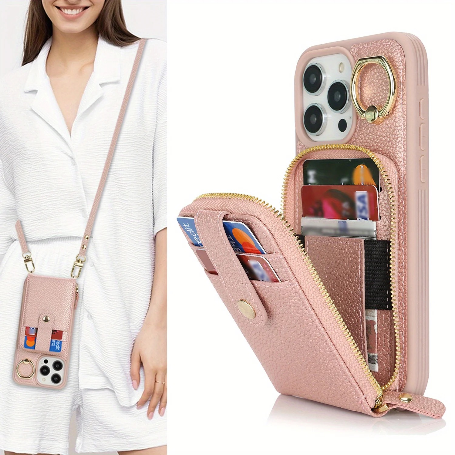 RFID Faux Leather Crossbody Zipper Wallet Phone Case with Large Card Slot Capacity